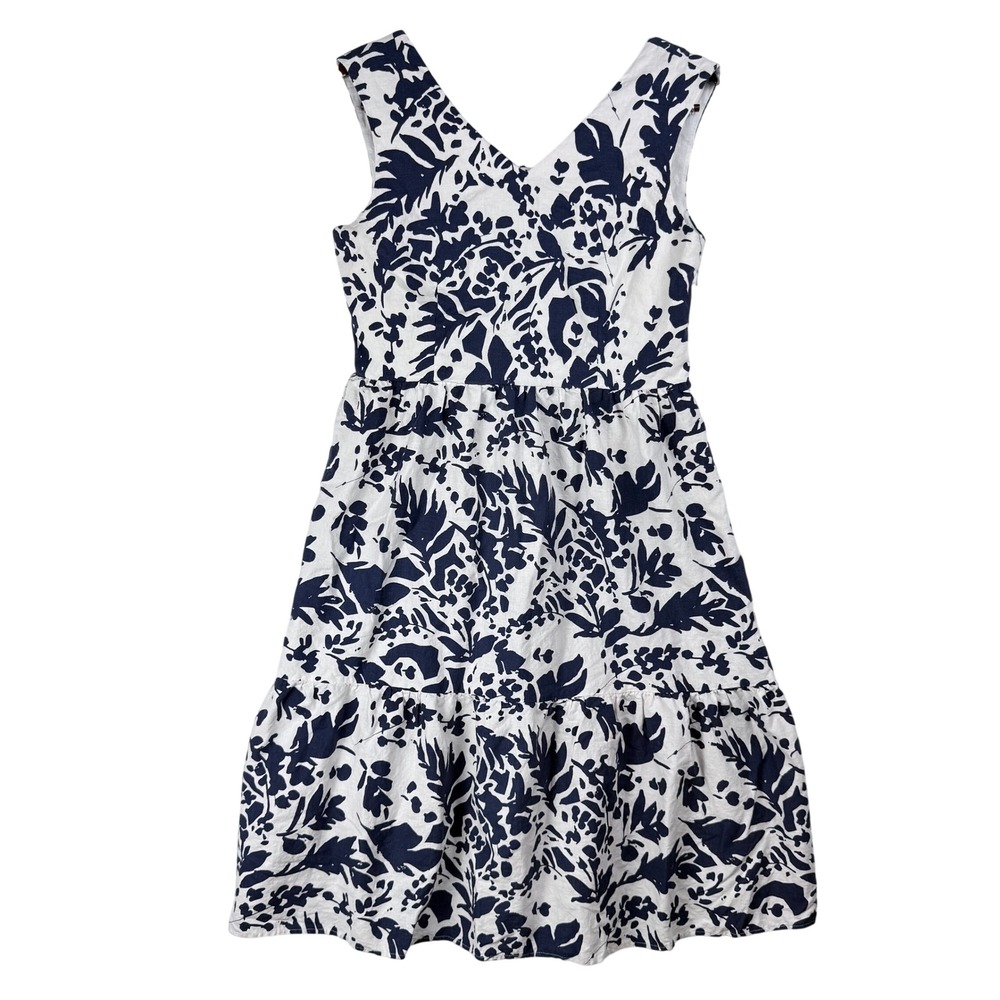 Magaschoni Floral Midi Dress Womens 12 Linen Blend Tiered Coastal Summer Navy